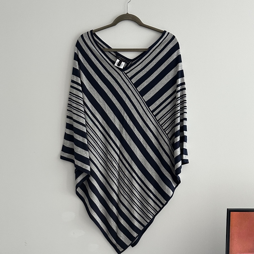 EUC BCBGMaxAzria Striped Navy Blue and Gray Sweater Poncho / One Size Fits All